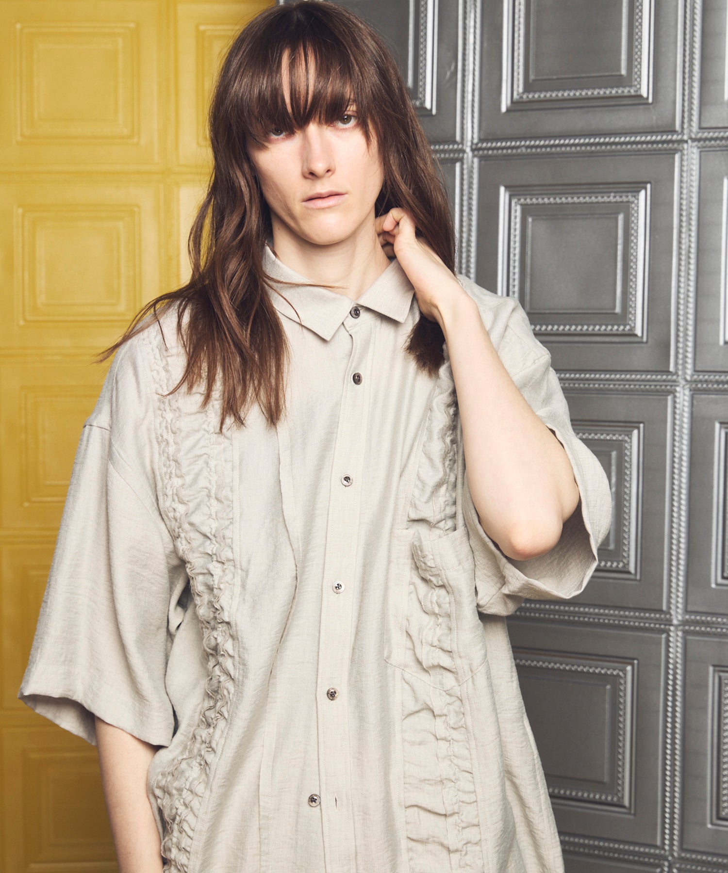 Gathered Ruffle Switching Prime-Over Short Sleeve Shirt