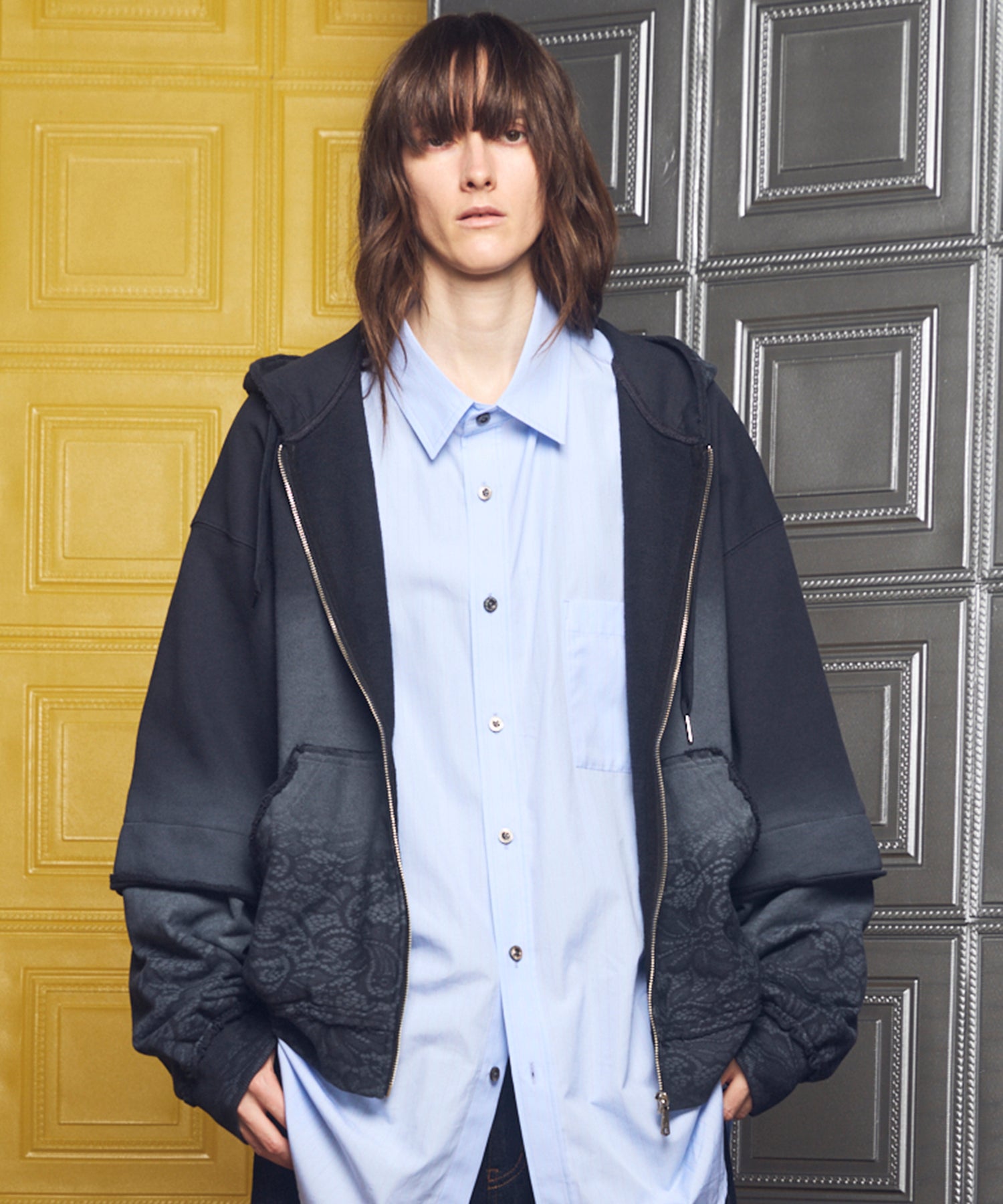 4 색 샹 브레이 세탁 가능한 양모 피크 라펠 더블 가슴 재킷