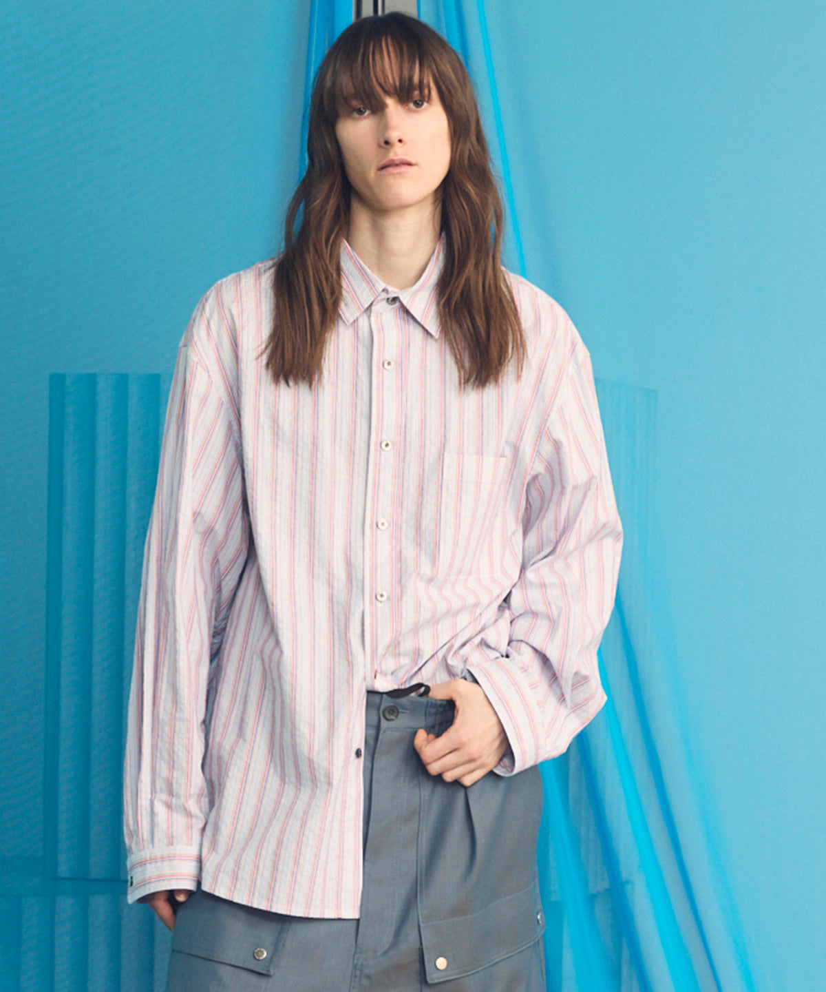 [이탈리아 데드 스톡 패브릭] 프라임 오버 레귤러 칼라 헤비 웨이트 플란넬 셔츠 블루종