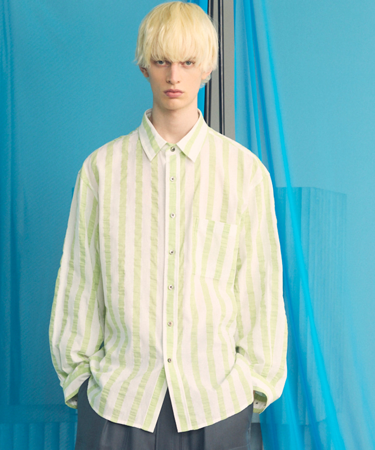 [이탈리아 데드 스톡 패브릭] 프라임 오버 레귤러 칼라 헤비 웨이트 플란넬 셔츠 블루종