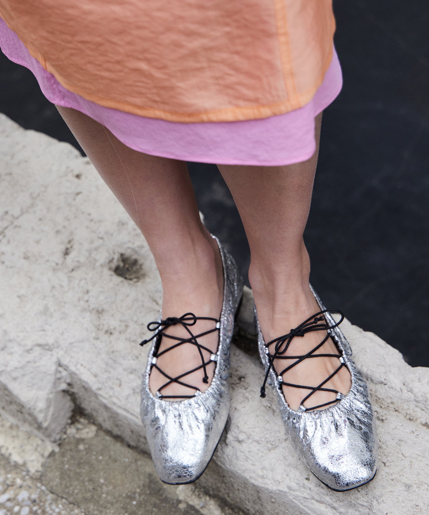 Lace-Up Gathered Flat Shoes