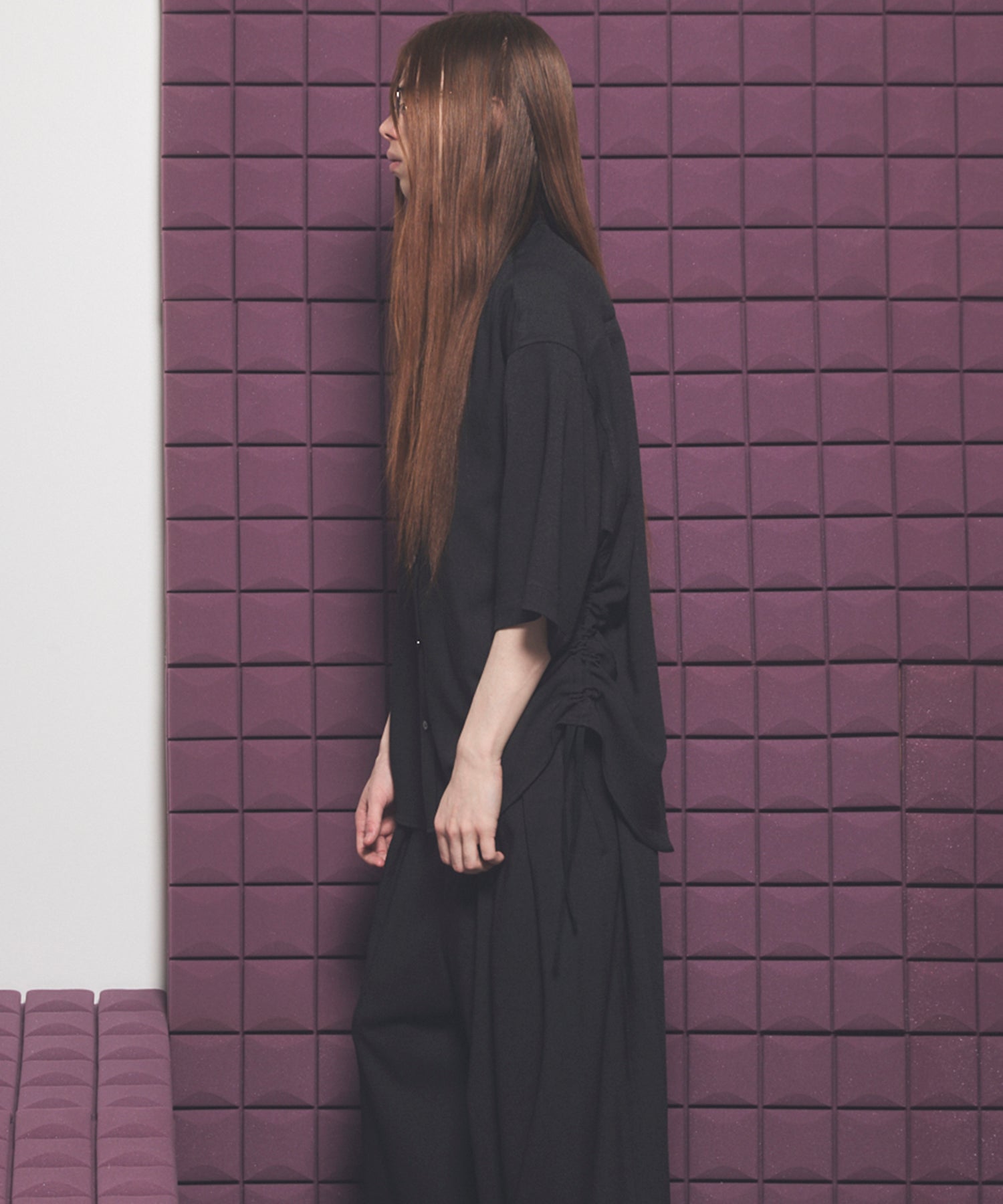 Dryamundsen KIMONO V-collar Prime-Over Side Gathers Short Sleeve Shirt