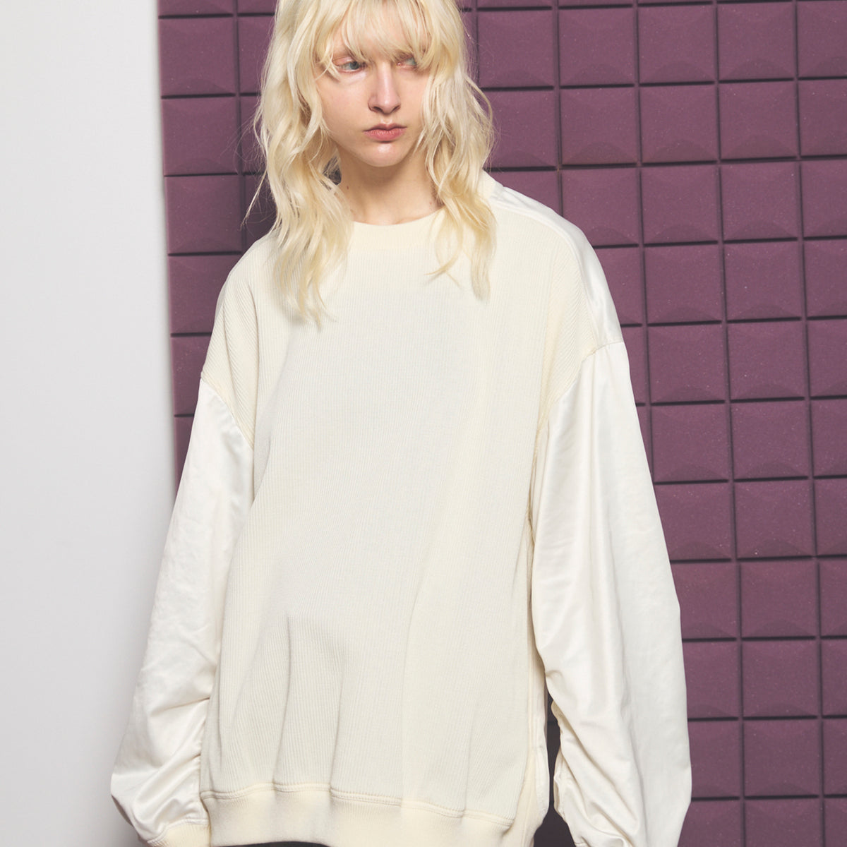 Leather-like Satin Docking Prime-Over Crew Neck Knit Pullover