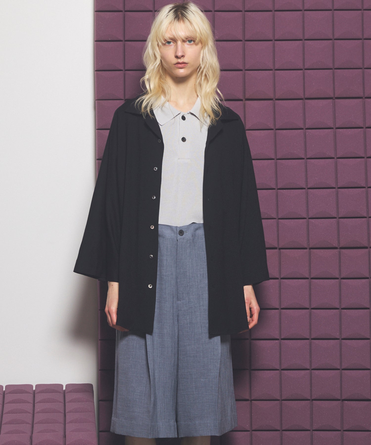 【PRE-ORDER】Drapey Georgette Prime-Over Open Collar Dolman Sleeve Shirt