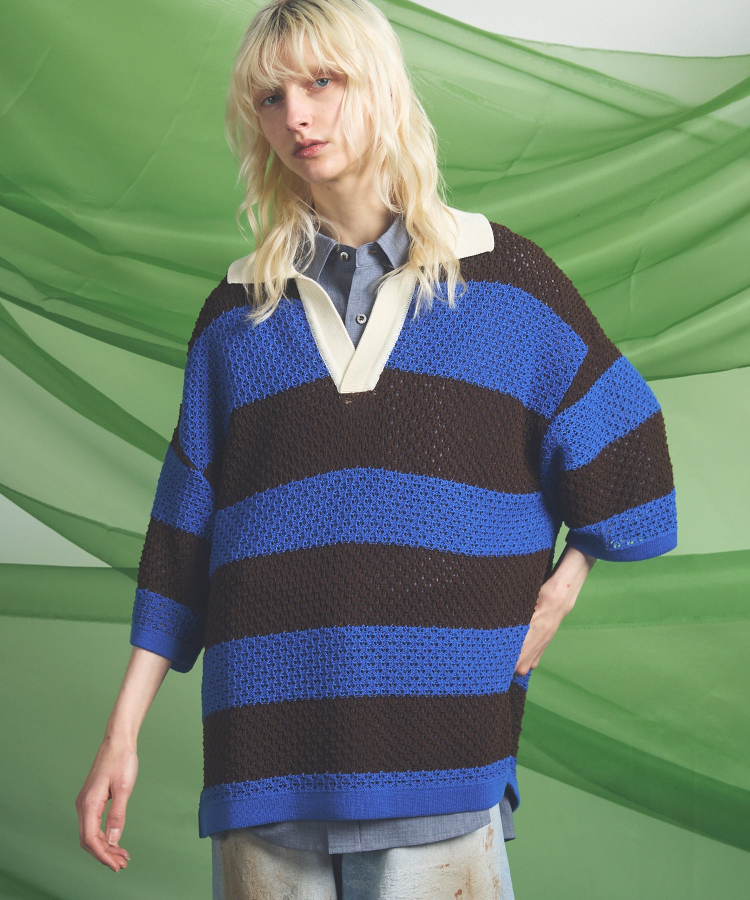 トップス MULTI BORDER LOGO KNIT POLO TOP MULTI BORDER LOGO KNIT POLO TOP