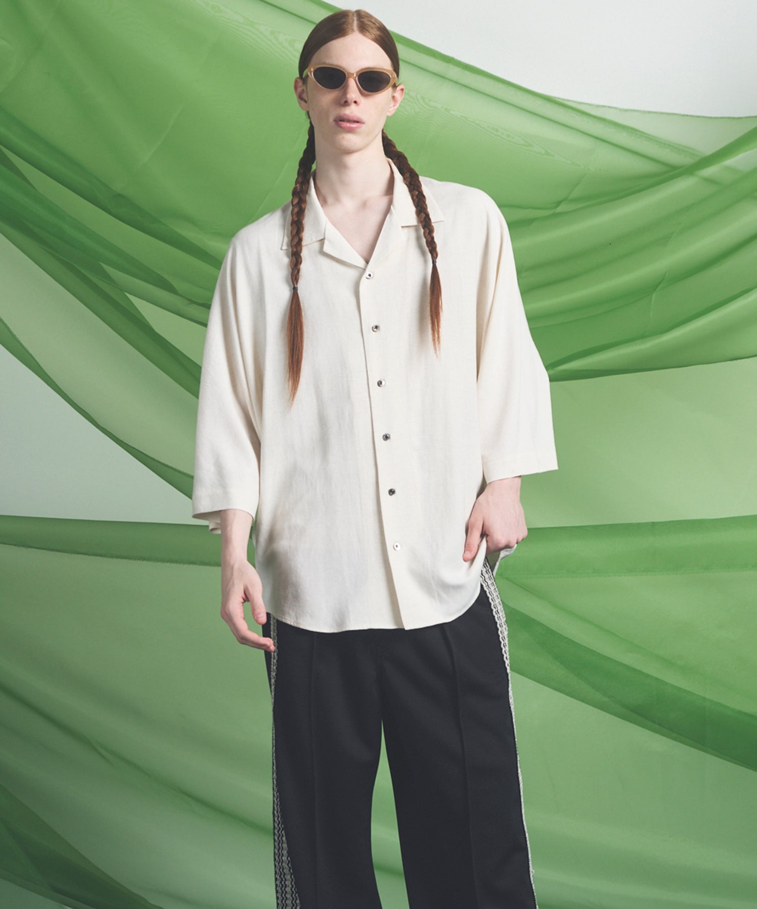 【PRE-ORDER】Drapey Georgette Prime-Over Open Collar Dolman Sleeve Shirt