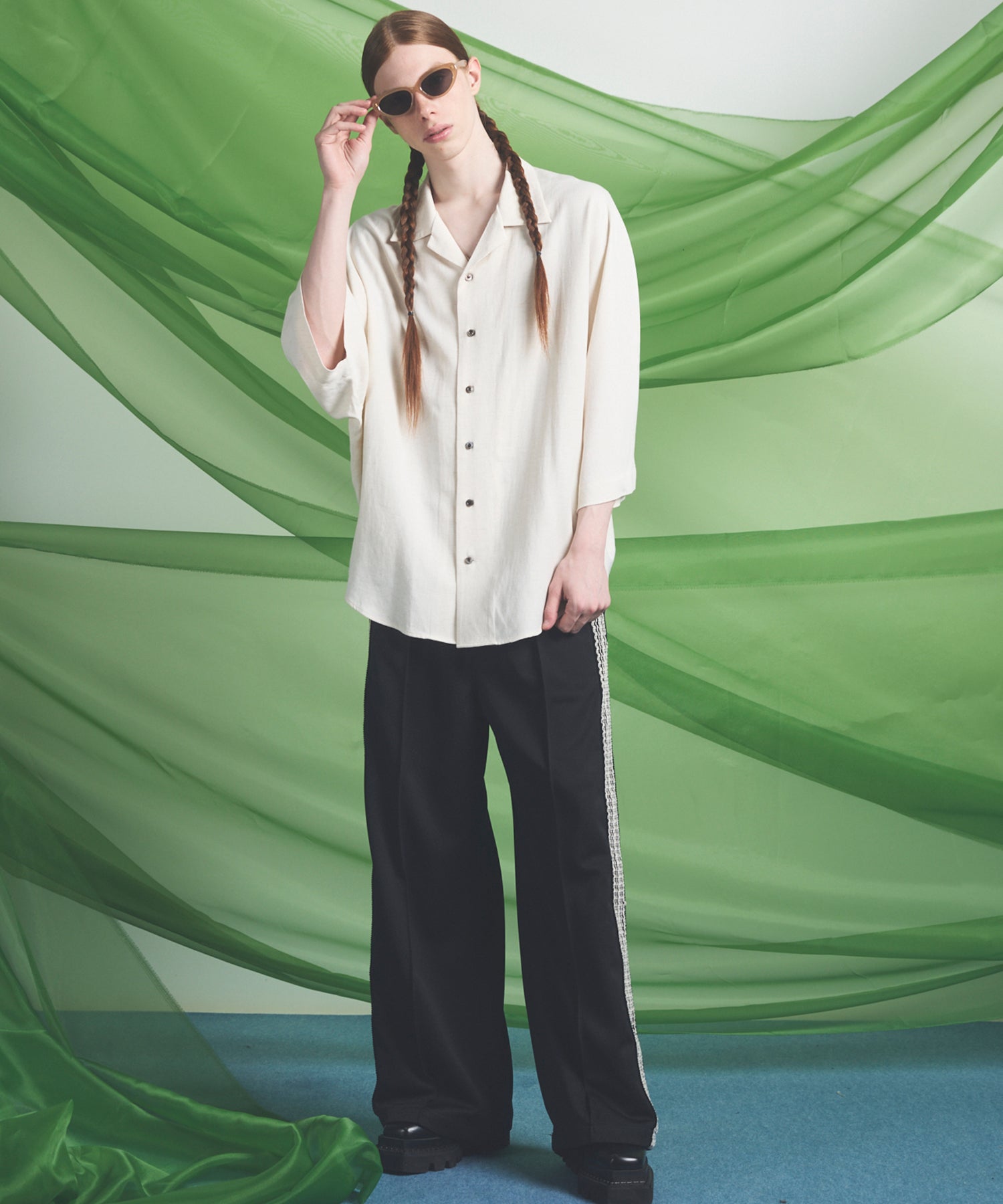 【PRE-ORDER】Drapey Georgette Prime-Over Open Collar Dolman Sleeve Shirt