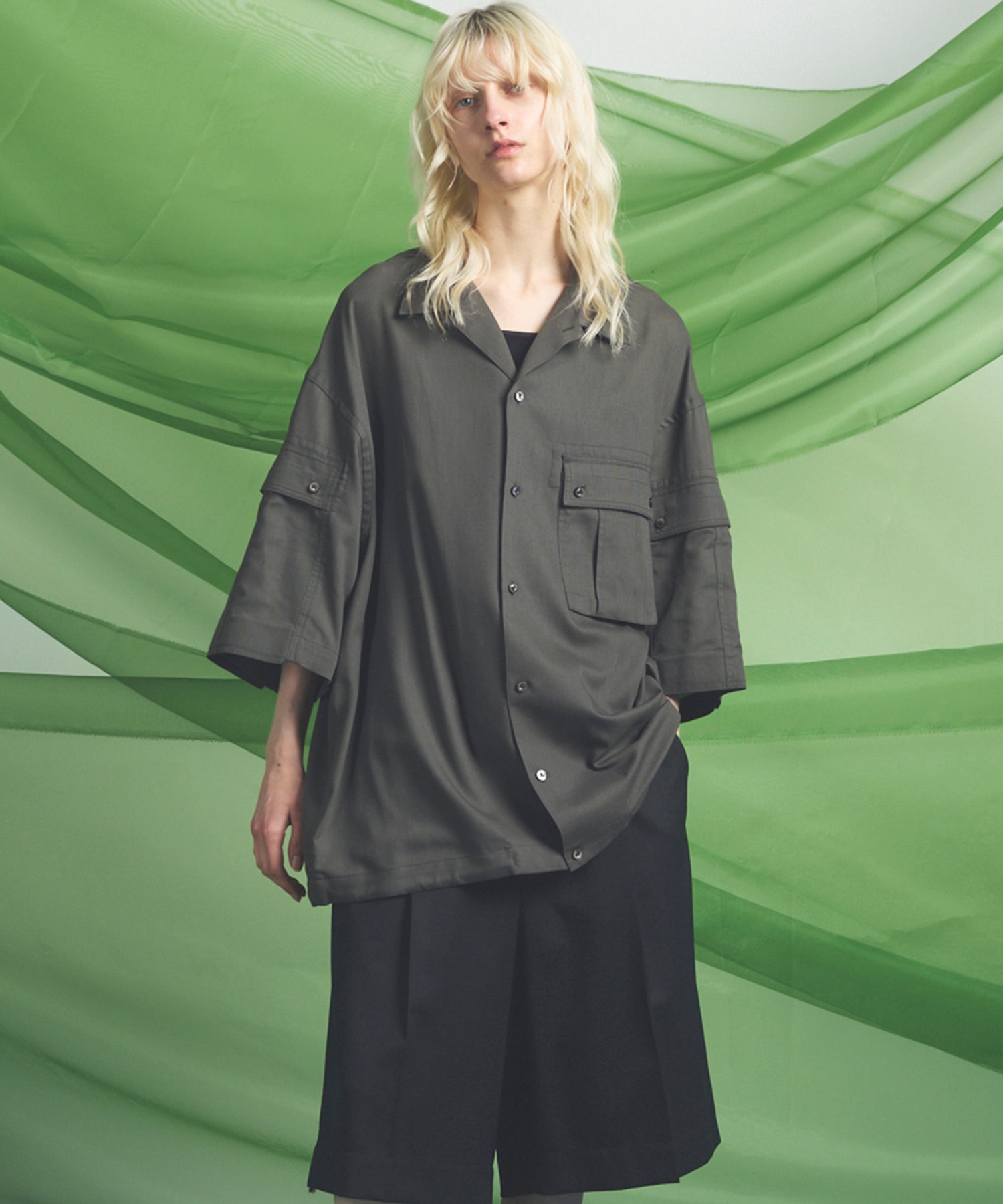 Cargo Pocket Prime-Over Sheer Open Collar Shirt