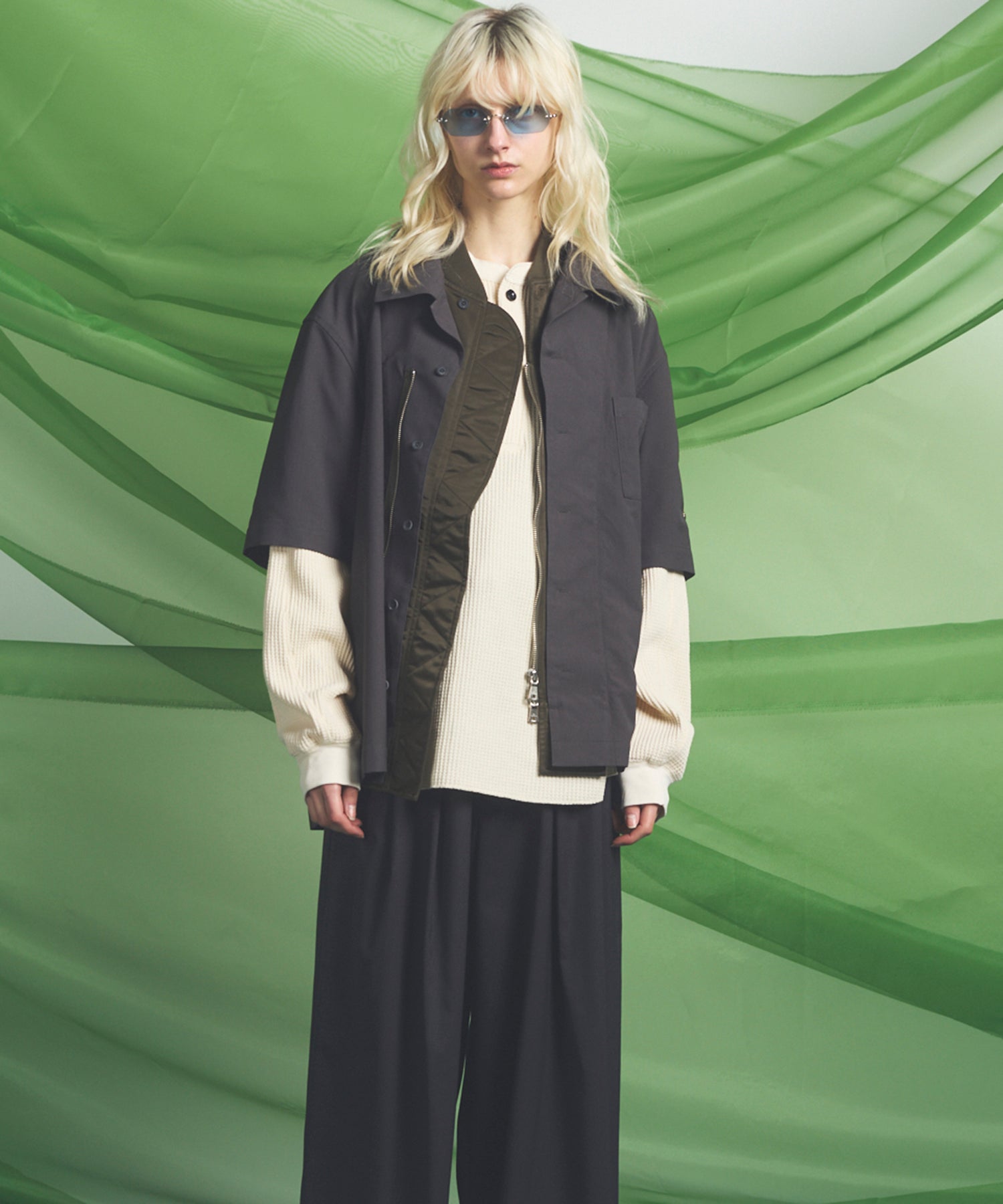 Layering MA-1 Docking Prime-Over Open Collar Short Sleeve Shirt