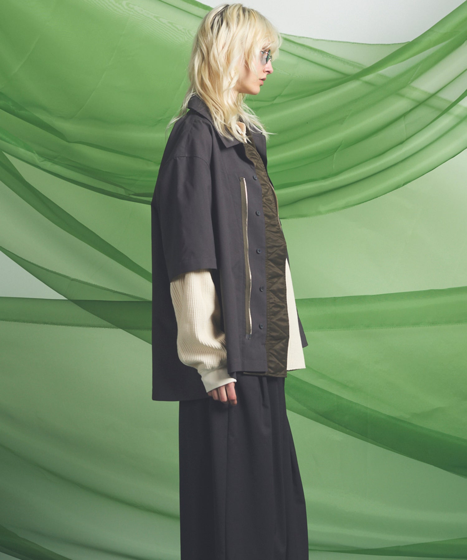 Layering MA-1 Docking Prime-Over Open Collar Short Sleeve Shirt