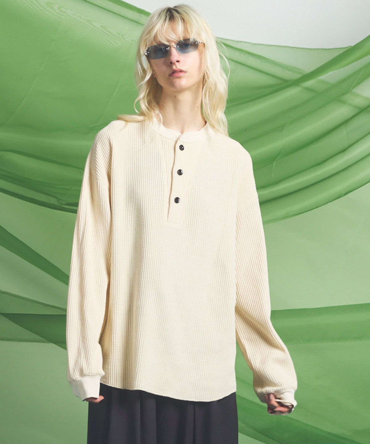 주요 승무원 목이 긴 소매 와플 티셔츠