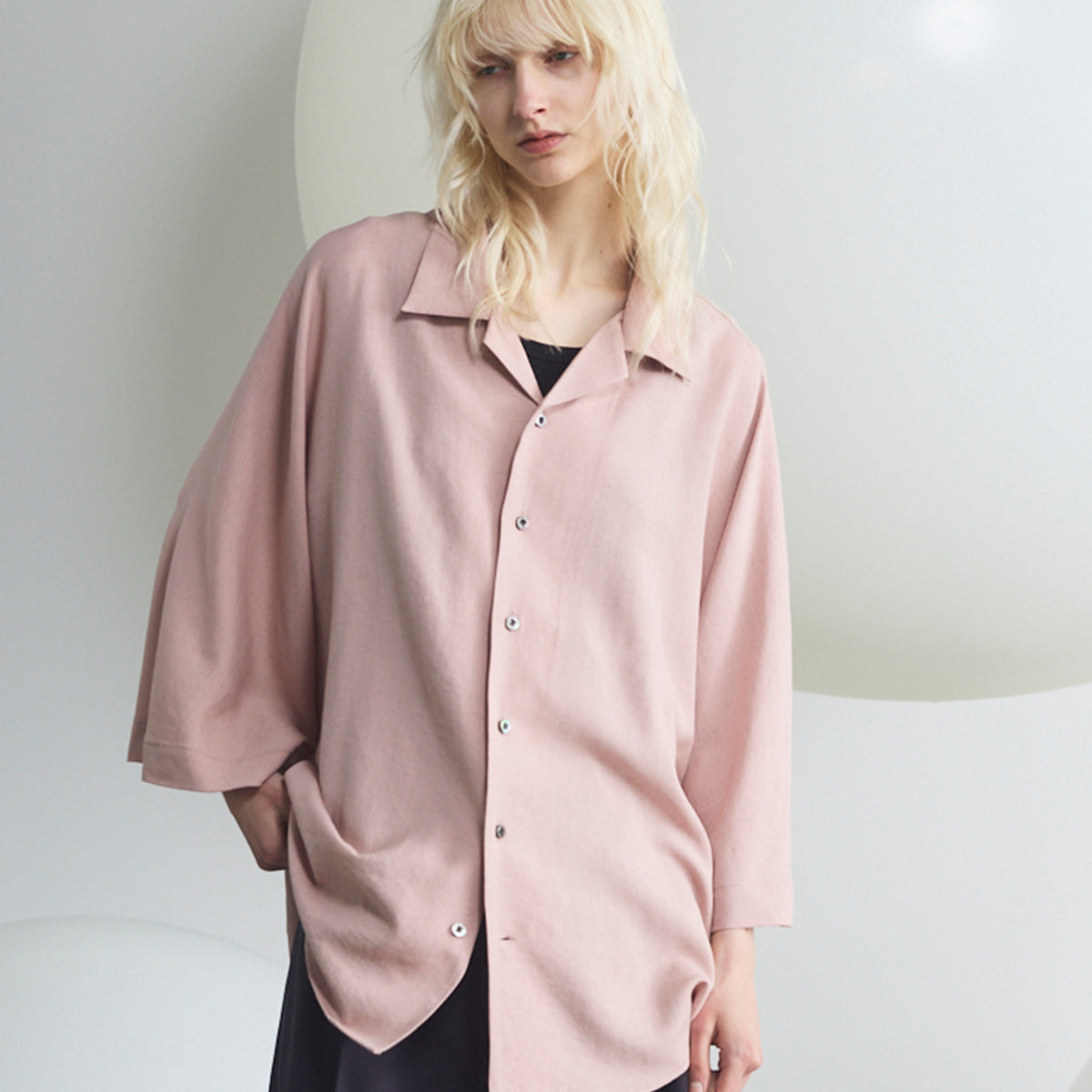 PRE-ORDER】Drapey Georgette Prime-Over Open Collar Dolman Sleeve Shirt