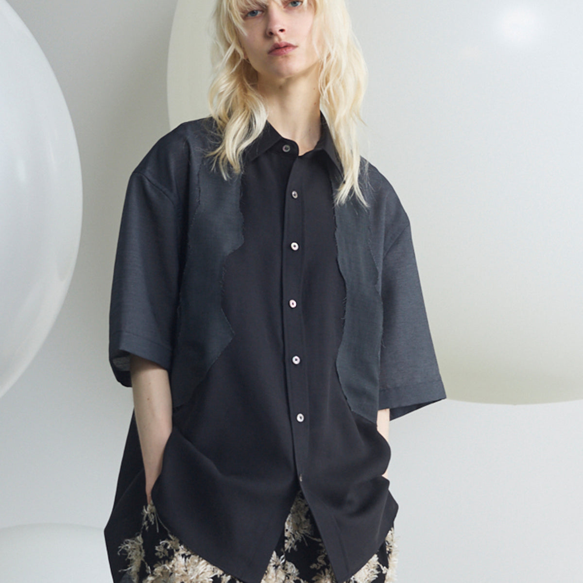 トップス chieko+ plain satin shirt Sheer ZIGZAG Switching Prime-Over Short Sleeve Shirt