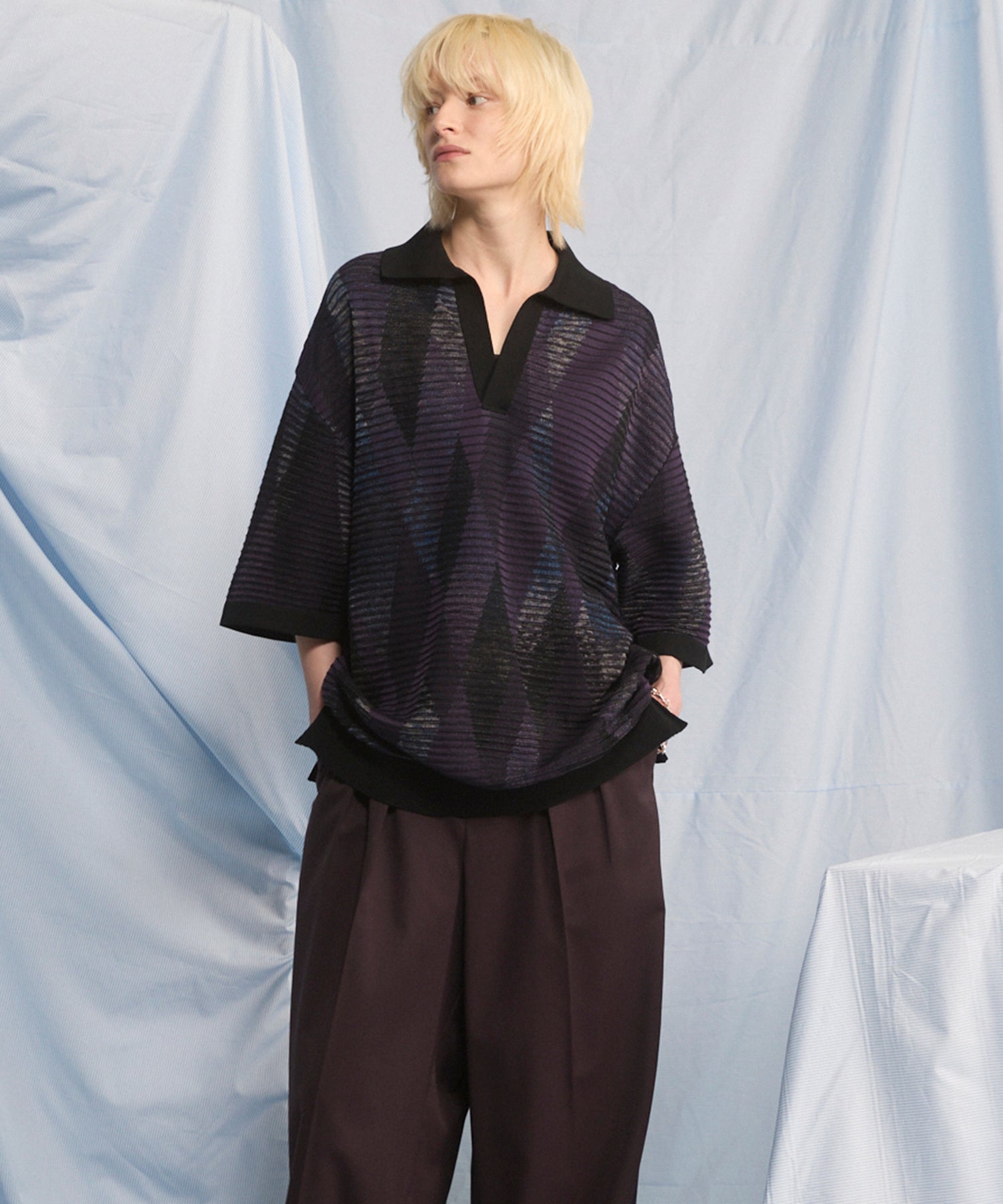 Dry-touch Border Argyle Pattern Prime-Over Skipper Knit T-shirt