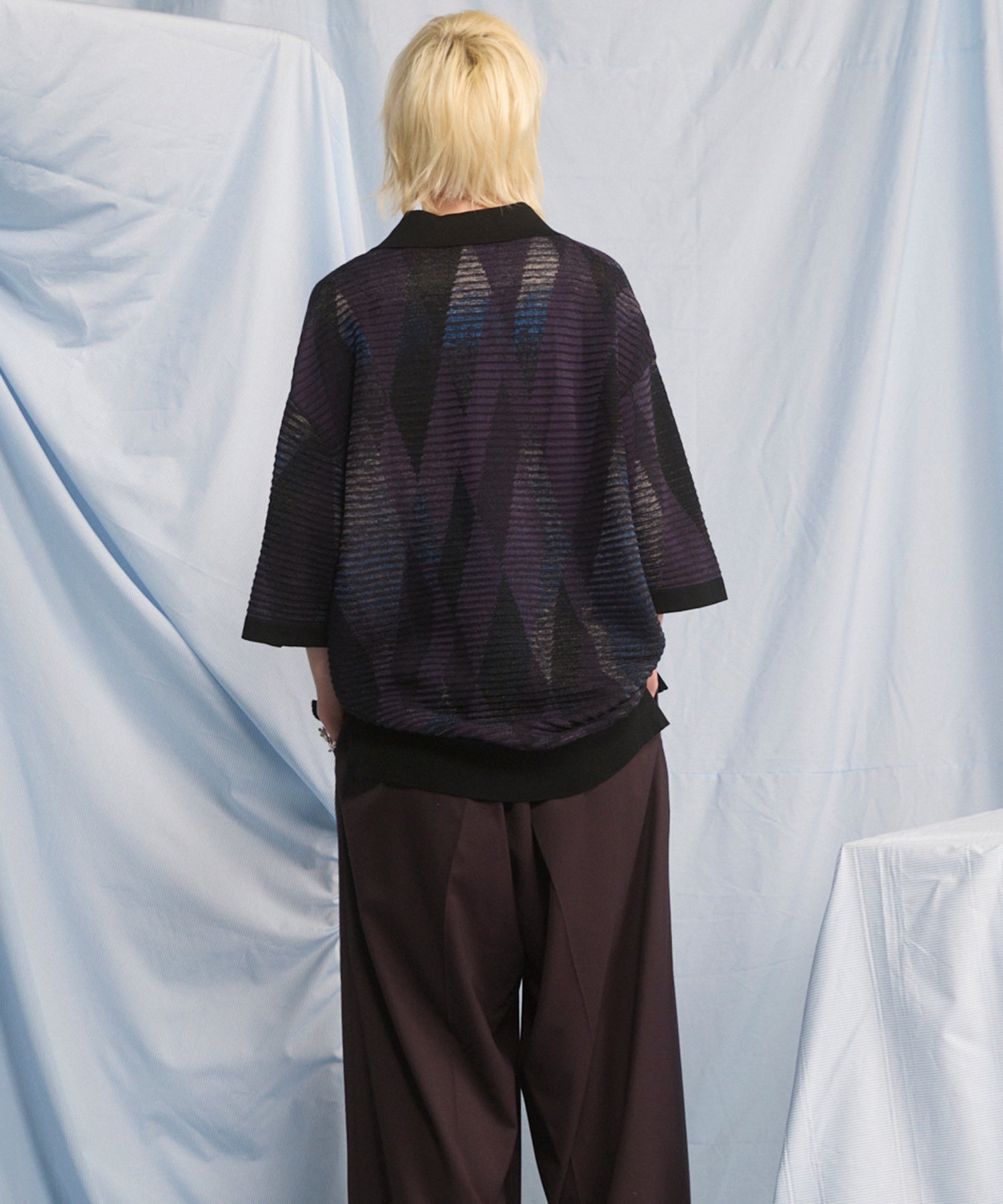 Dry-touch Border Argyle Pattern Prime-Over Skipper Knit T-shirt