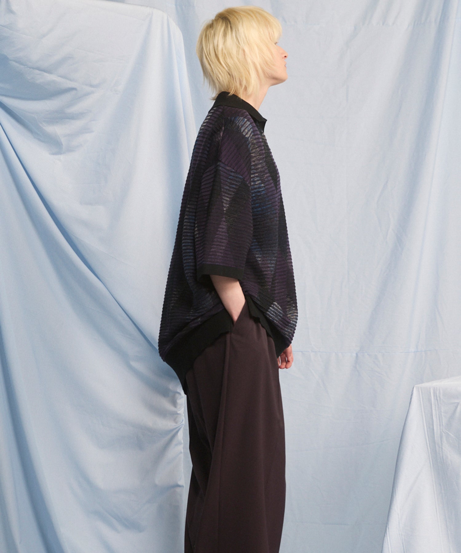 Dry-touch Border Argyle Pattern Prime-Over Skipper Knit T-shirt