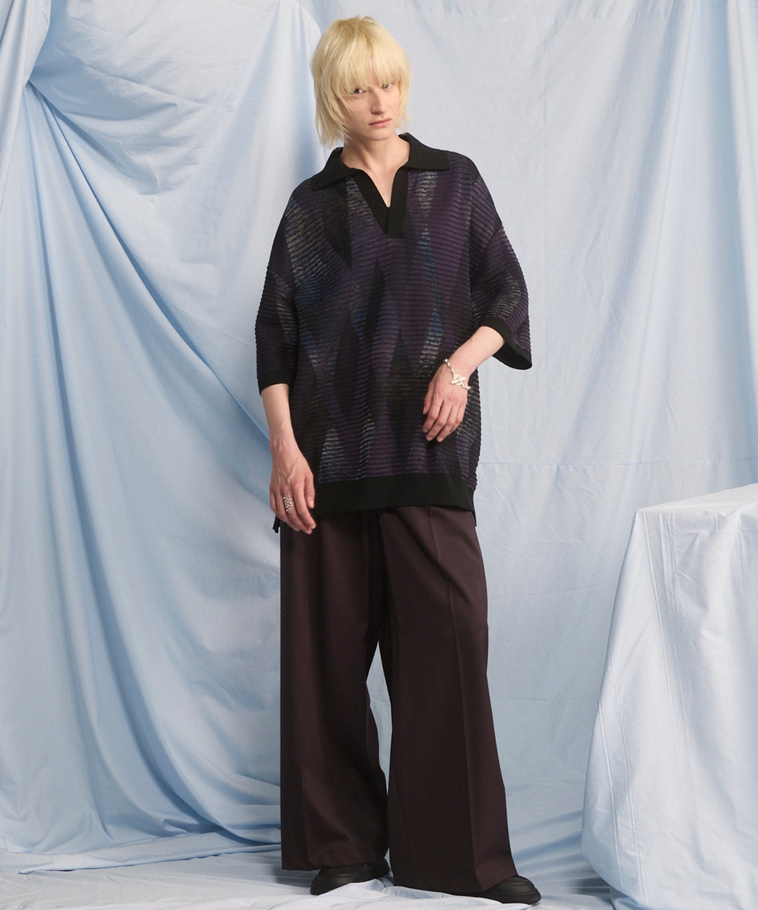 Dry-touch Border Argyle Pattern Prime-Over Skipper Knit T-shirt
