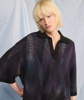 Dry-touch Border Argyle Pattern Prime-Over Skipper Knit T-shirt