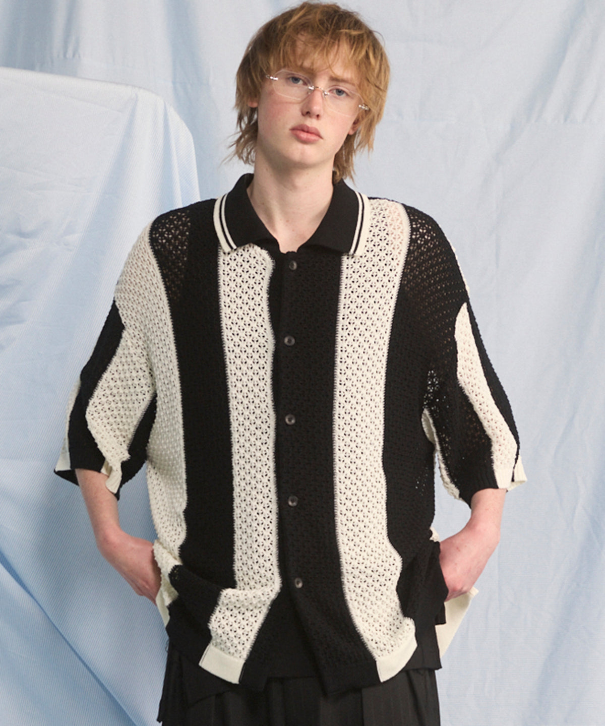 Random Stripe Mesh Jacquard Prime-Over Short Sleeve Knit Shirt
