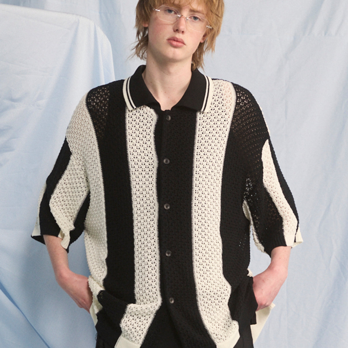 Random Stripe Mesh Jacquard Prime-Over Short Sleeve Knit Shirt
