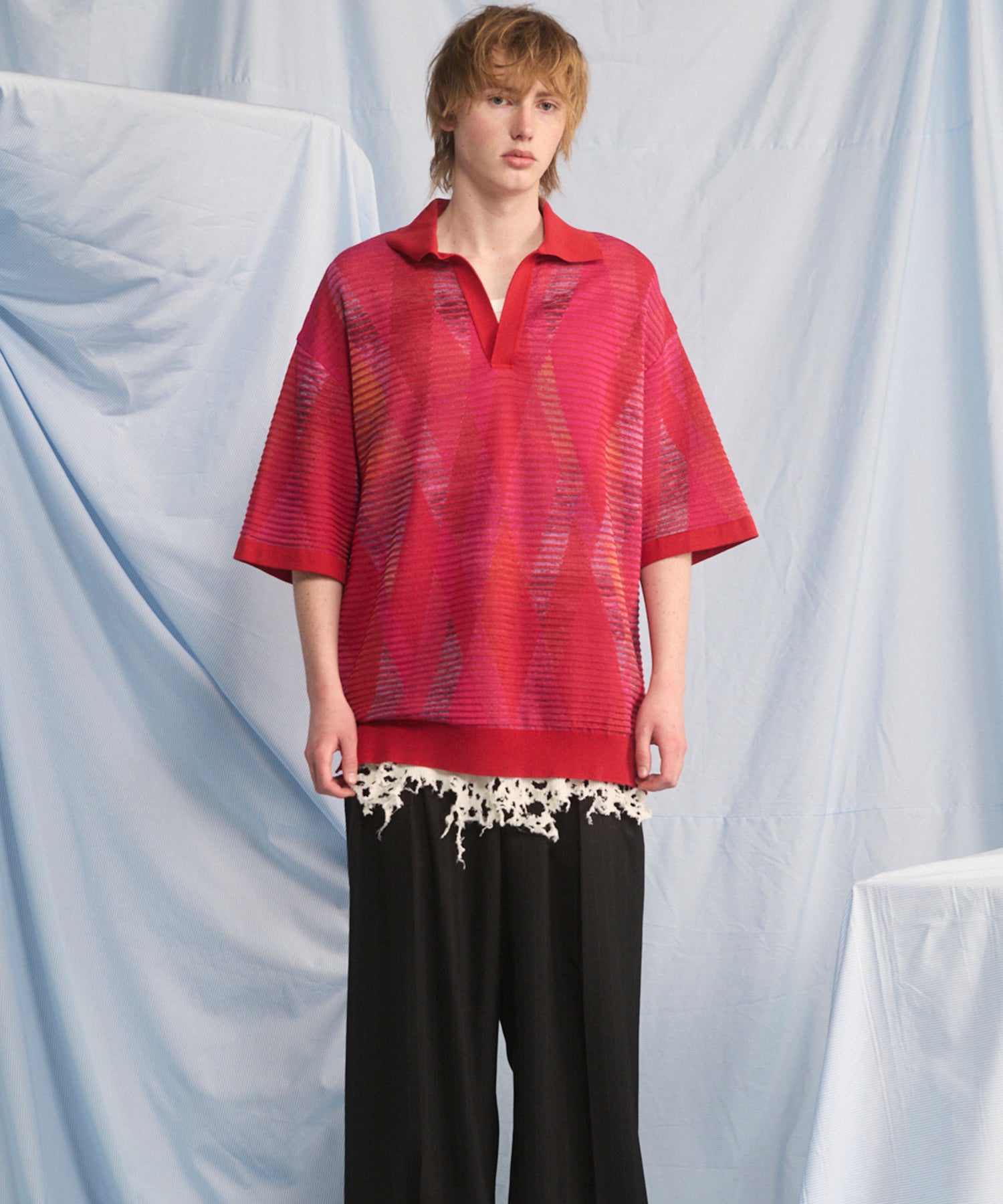 Dry-touch Border Argyle Pattern Prime-Over Skipper Knit T-shirt