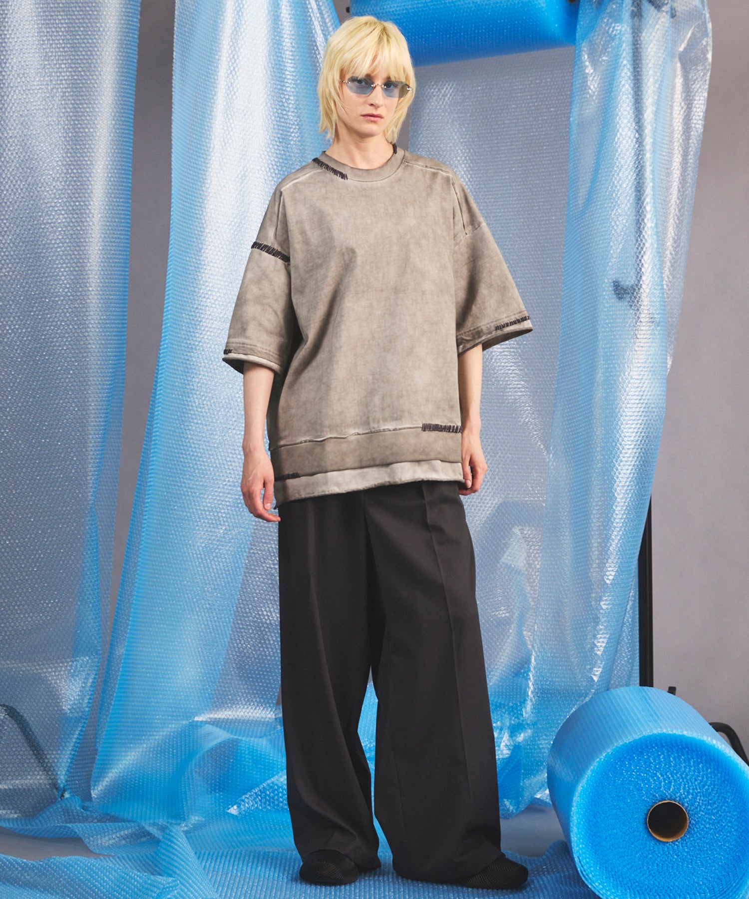 NISHIKAWA KEORI Wool Mix Gabardine Continuous Tow-Tuck Wide Pants