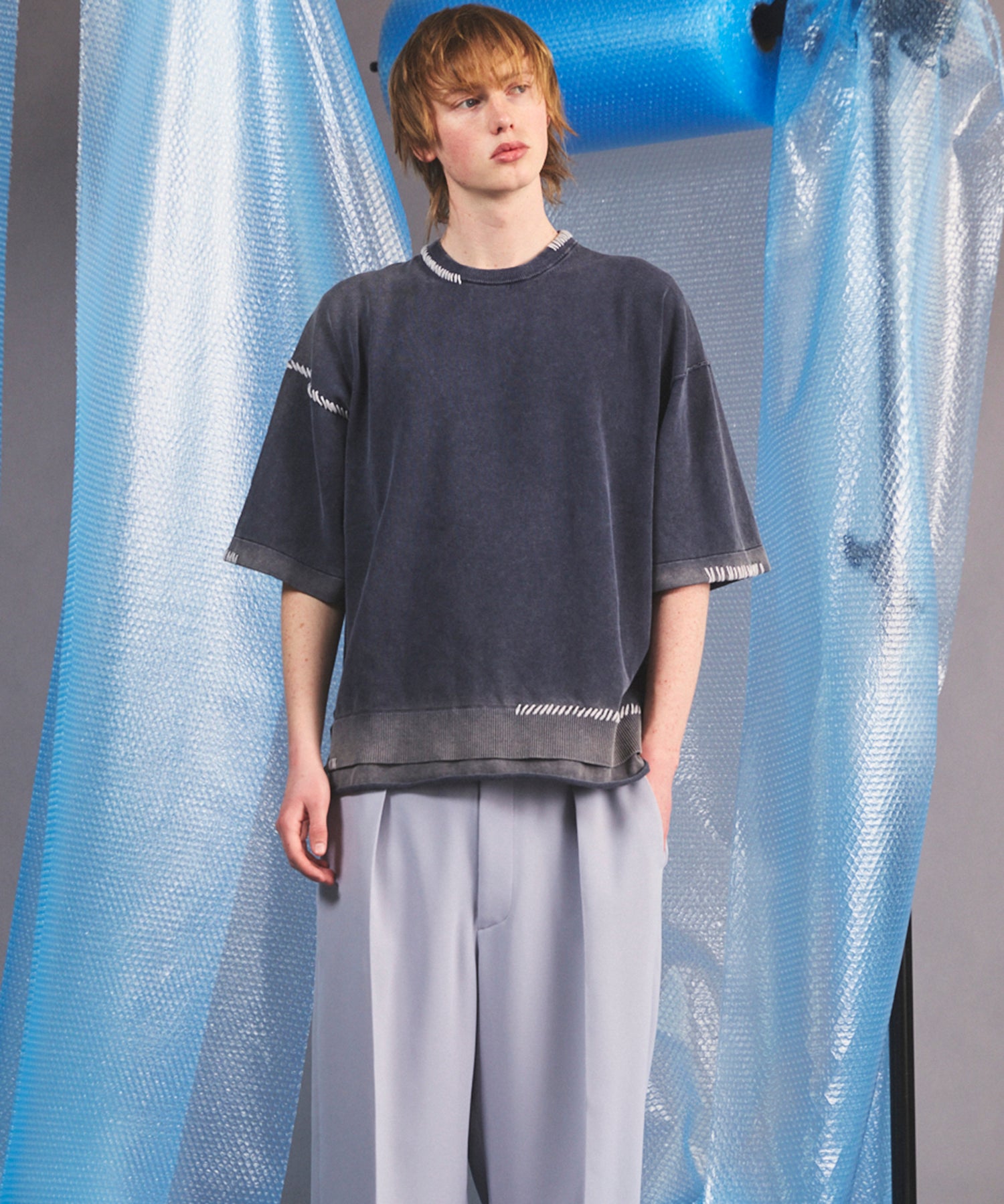 High Twist Prime-Over Pigment Bleach Crew Neck Knit T-shirt