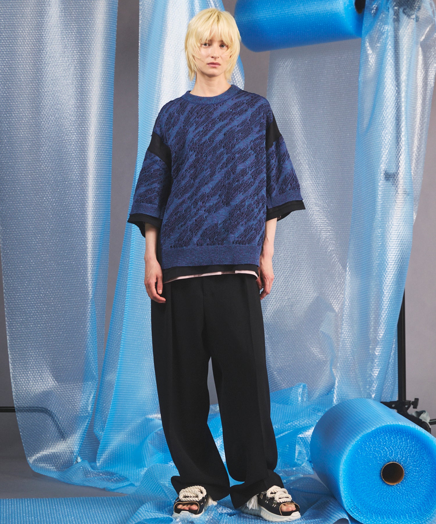 Wooly Mesh One-tuck Prime-Wide Tapered Slacks