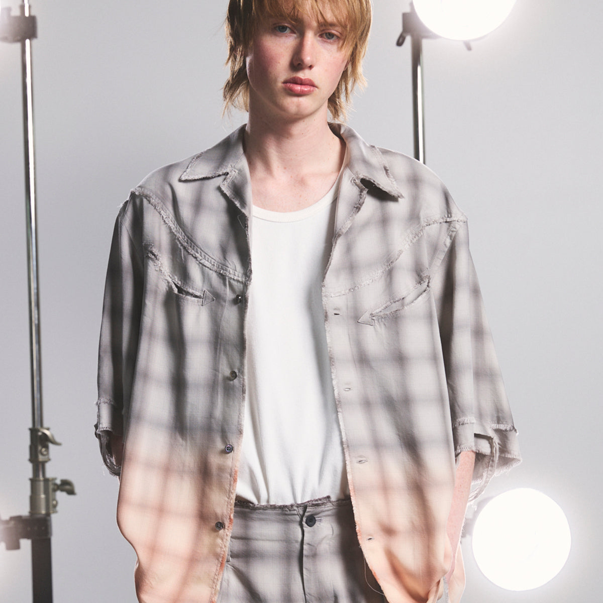 MAISON SPECIAL デストロイダメージプライムオーバーオンブレシャツ Destroy Damage Prime-Over Ombre Check Short Sleeve Shirt