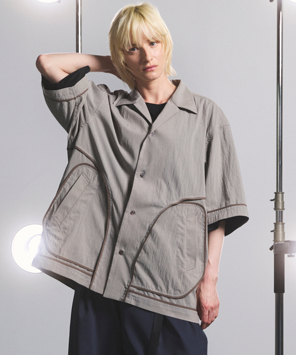 【26SS PRE-ORDER】Lyocell Nylon Washer Prime-Over Piping-detailed Switched Open-collar Shirt