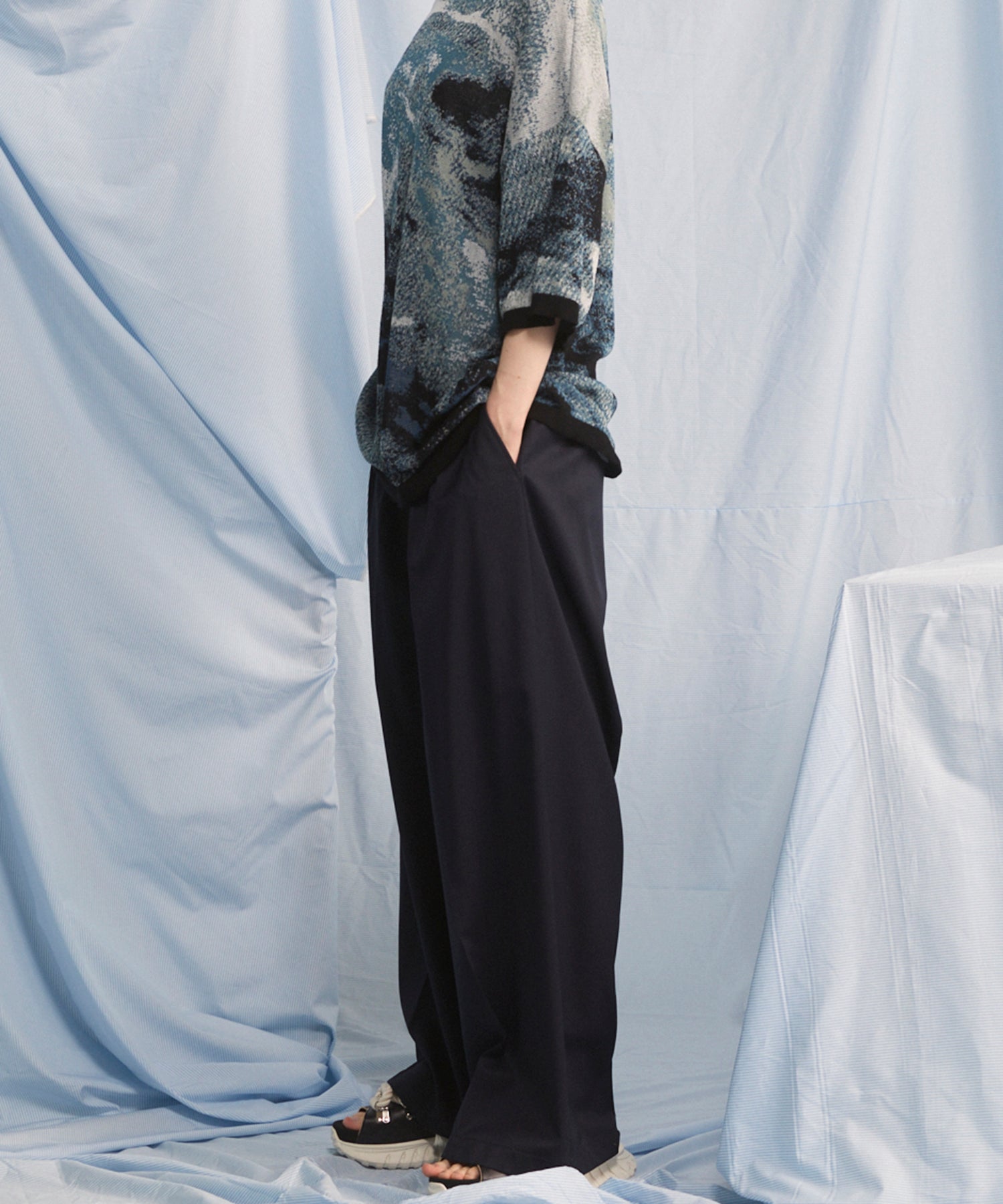 NISHIKAWA KEORI Wool Mix Gabardine Continuous Tow-Tuck Wide Pants