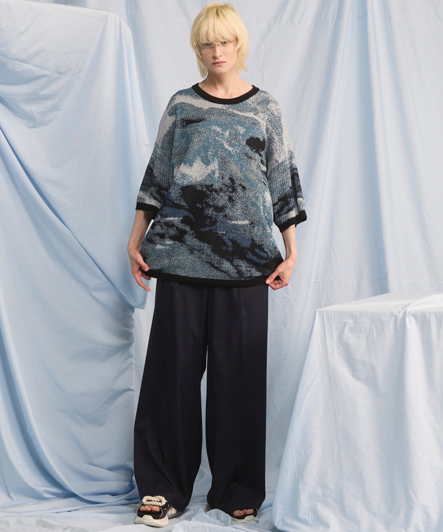 NISHIKAWA KEORI Wool Mix Gabardine Continuous Tow-Tuck Wide Pants