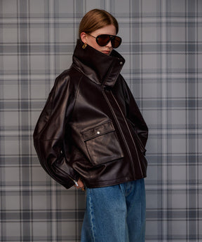 【26AUTUMN PRE-ORDER】Oversized Stand Collar Leather Blouson