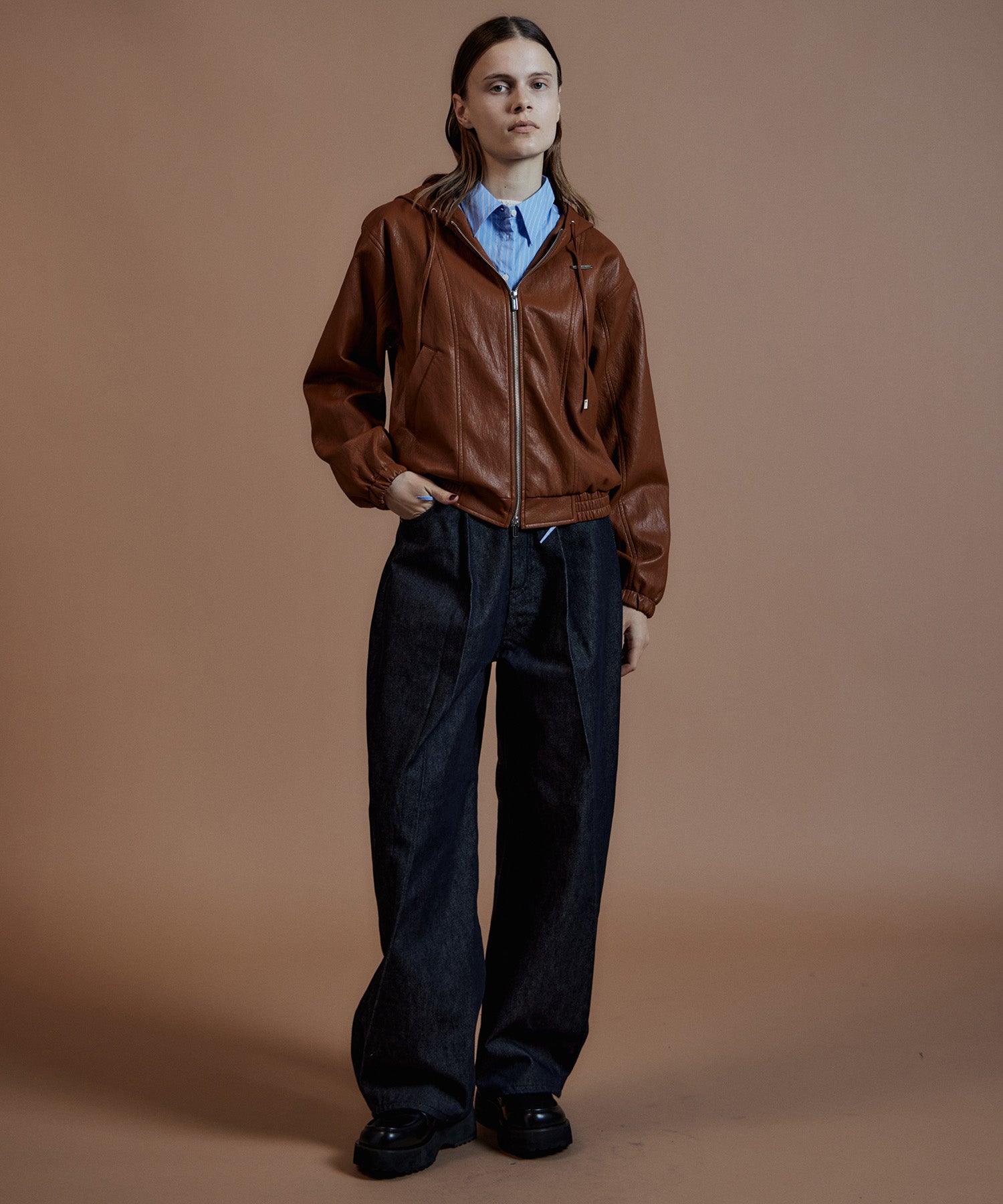 【26AUTUMN PRE-ORDER】Faux Leather Hoodie Parka