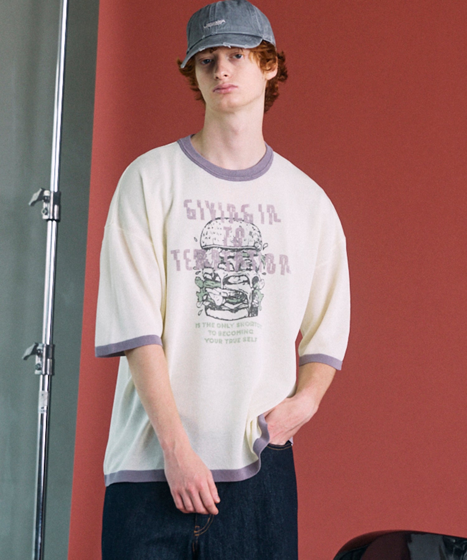 Linen-touch Nostalgia Prime-Over Ringer Pattern Knit T-shirt