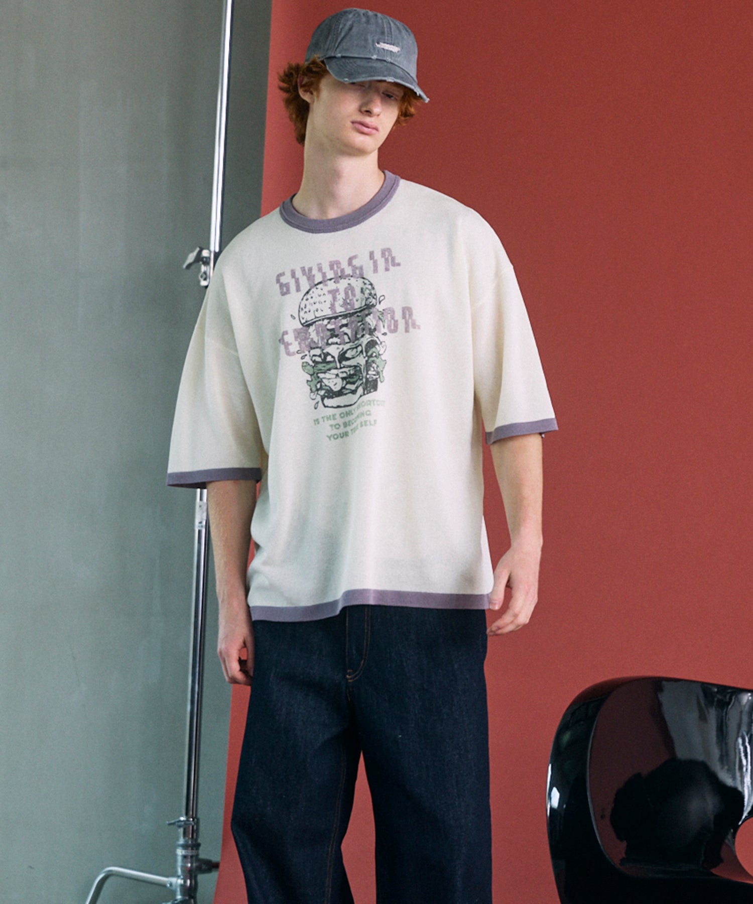 Linen-touch Nostalgia Prime-Over Ringer Pattern Knit T-shirt