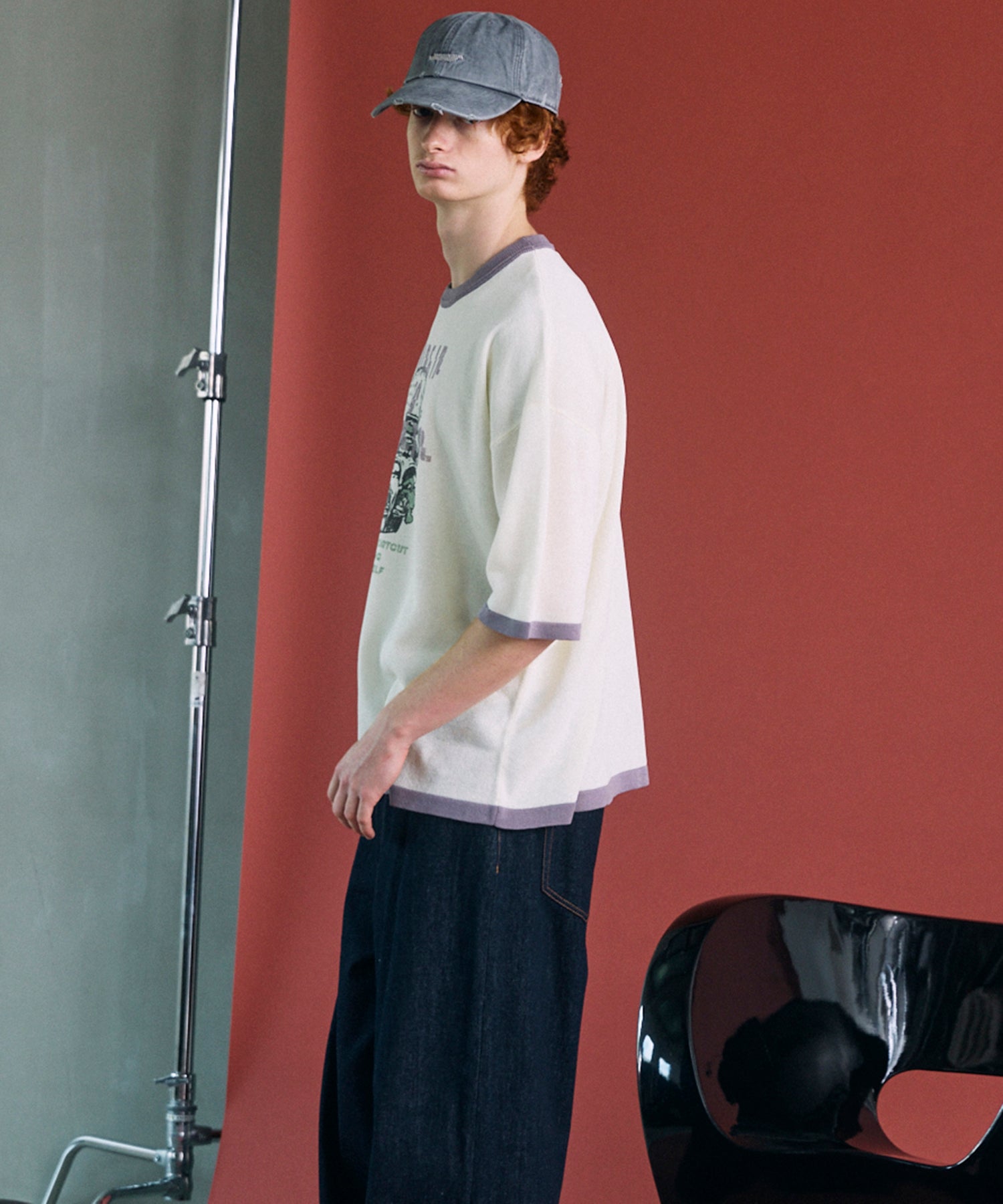 Linen-touch Nostalgia Prime-Over Ringer Pattern Knit T-shirt