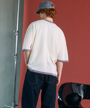 Linen-touch Nostalgia Prime-Over Ringer Pattern Knit T-shirt