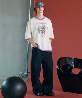 Linen-touch Nostalgia Prime-Over Ringer Pattern Knit T-shirt