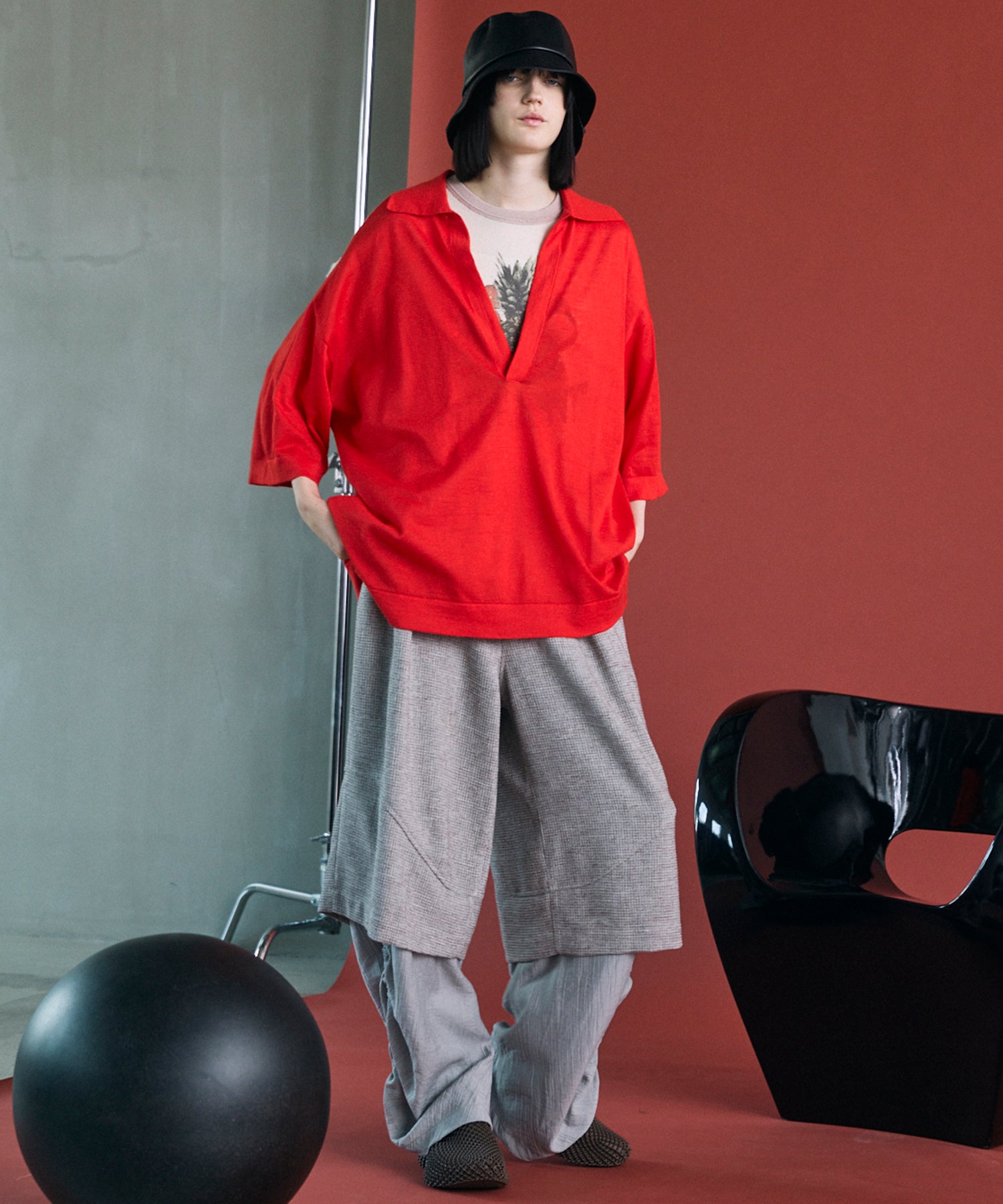 Linen-touch Nostalgia Prime-Over Ringer Pattern Knit T-shirt