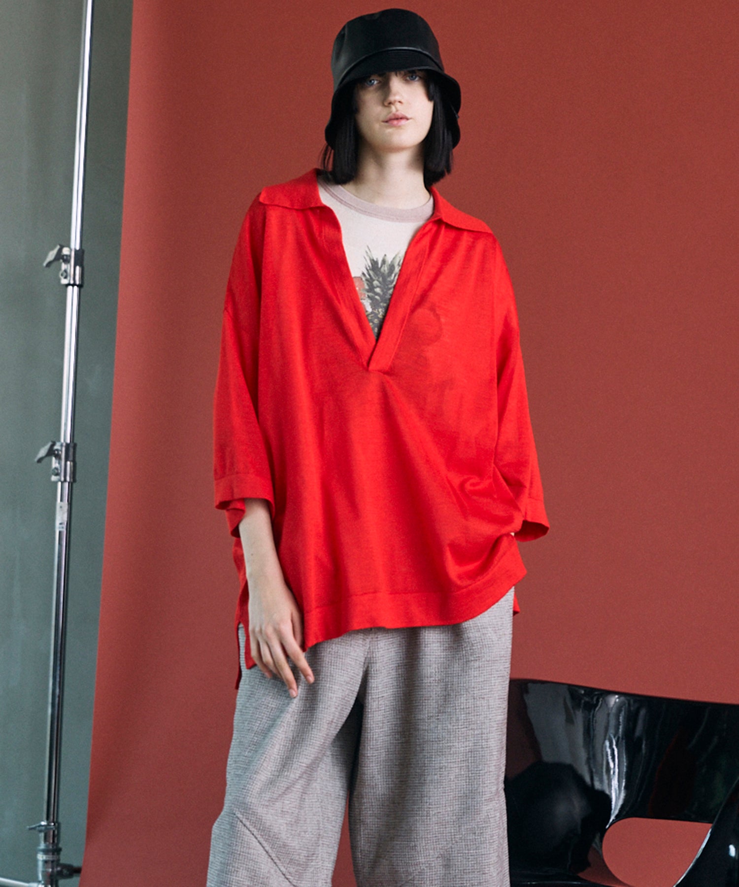 Ramie-SOLOTEX Prime-Over Deep Front Skipper Knit T-shirt