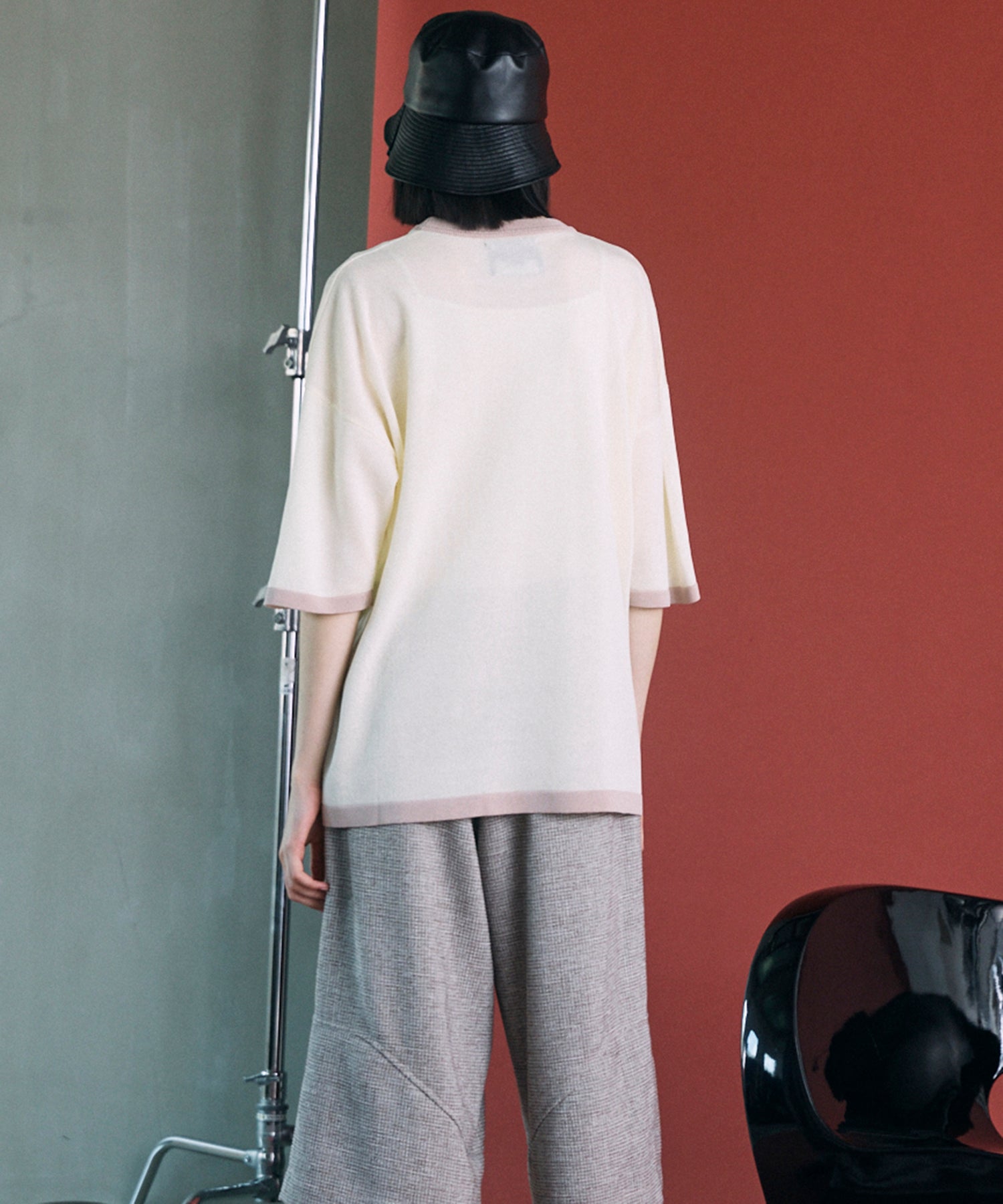 Linen-touch Nostalgia Prime-Over Ringer Pattern Knit T-shirt