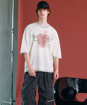 Linen-touch Nostalgia Prime-Over Ringer Pattern Knit T-shirt