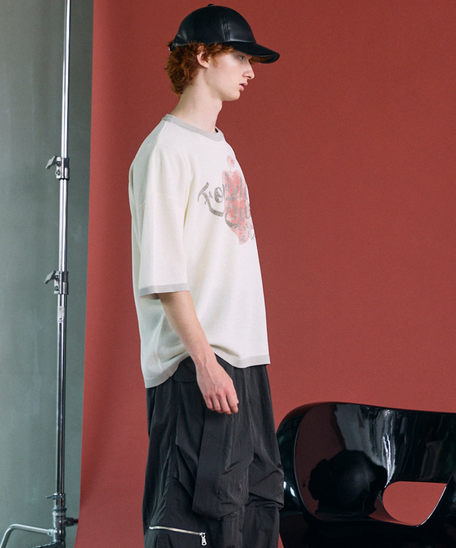 Linen-touch Nostalgia Prime-Over Ringer Pattern Knit T-shirt