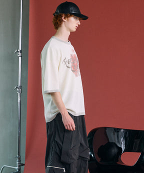 Linen-touch Nostalgia Prime-Over Ringer Pattern Knit T-shirt