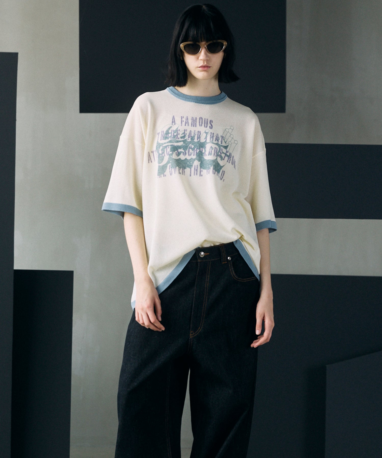 Linen-touch Nostalgia Prime-Over Ringer Pattern Knit T-shirt