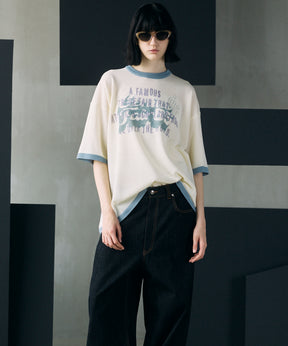 Linen-touch Nostalgia Prime-Over Ringer Pattern Knit T-shirt
