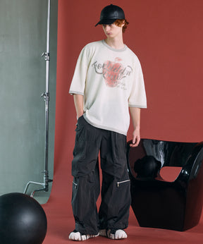 Linen-touch Nostalgia Prime-Over Ringer Pattern Knit T-shirt
