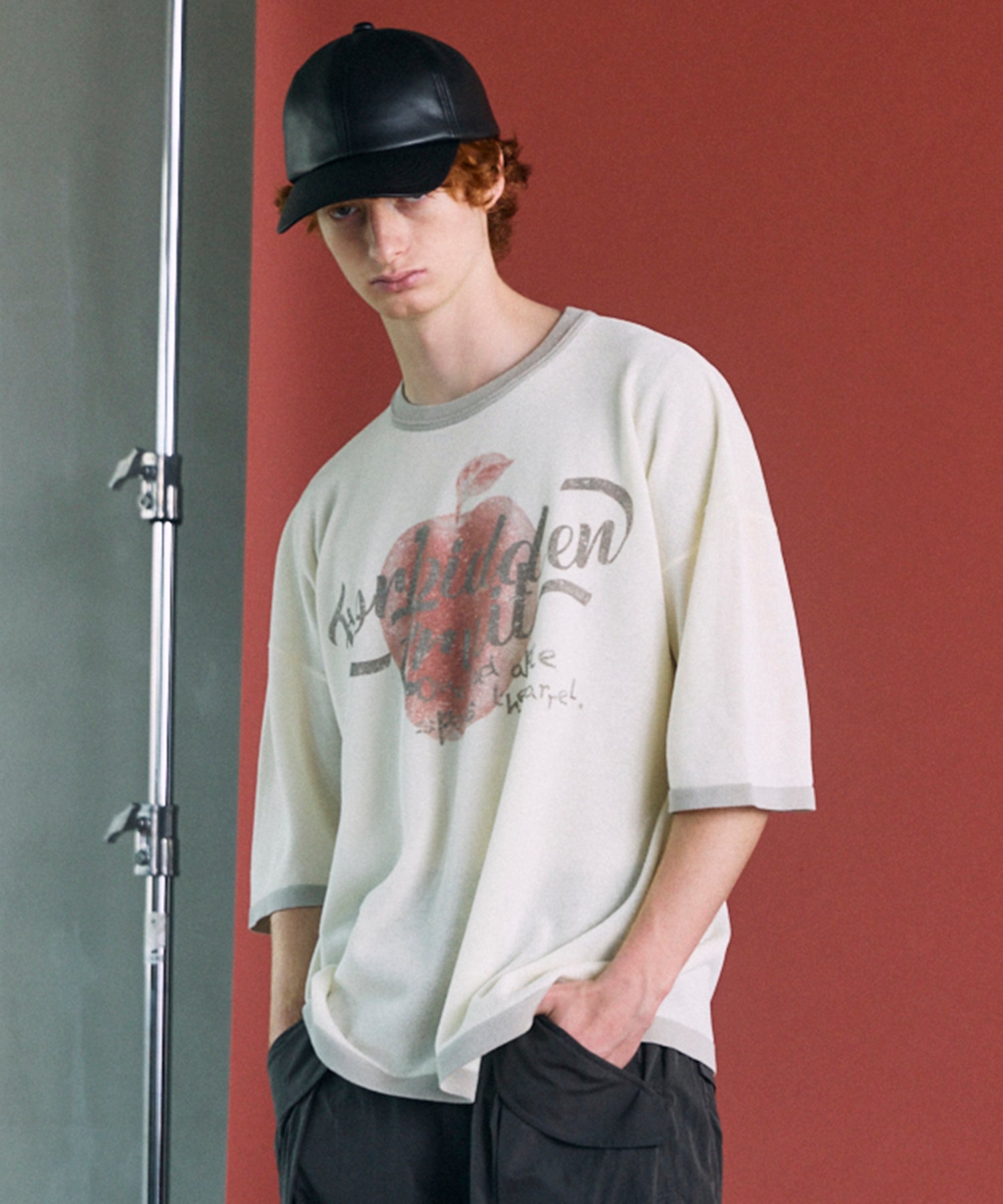 Linen-touch Nostalgia Prime-Over Ringer Pattern Knit T-shirt