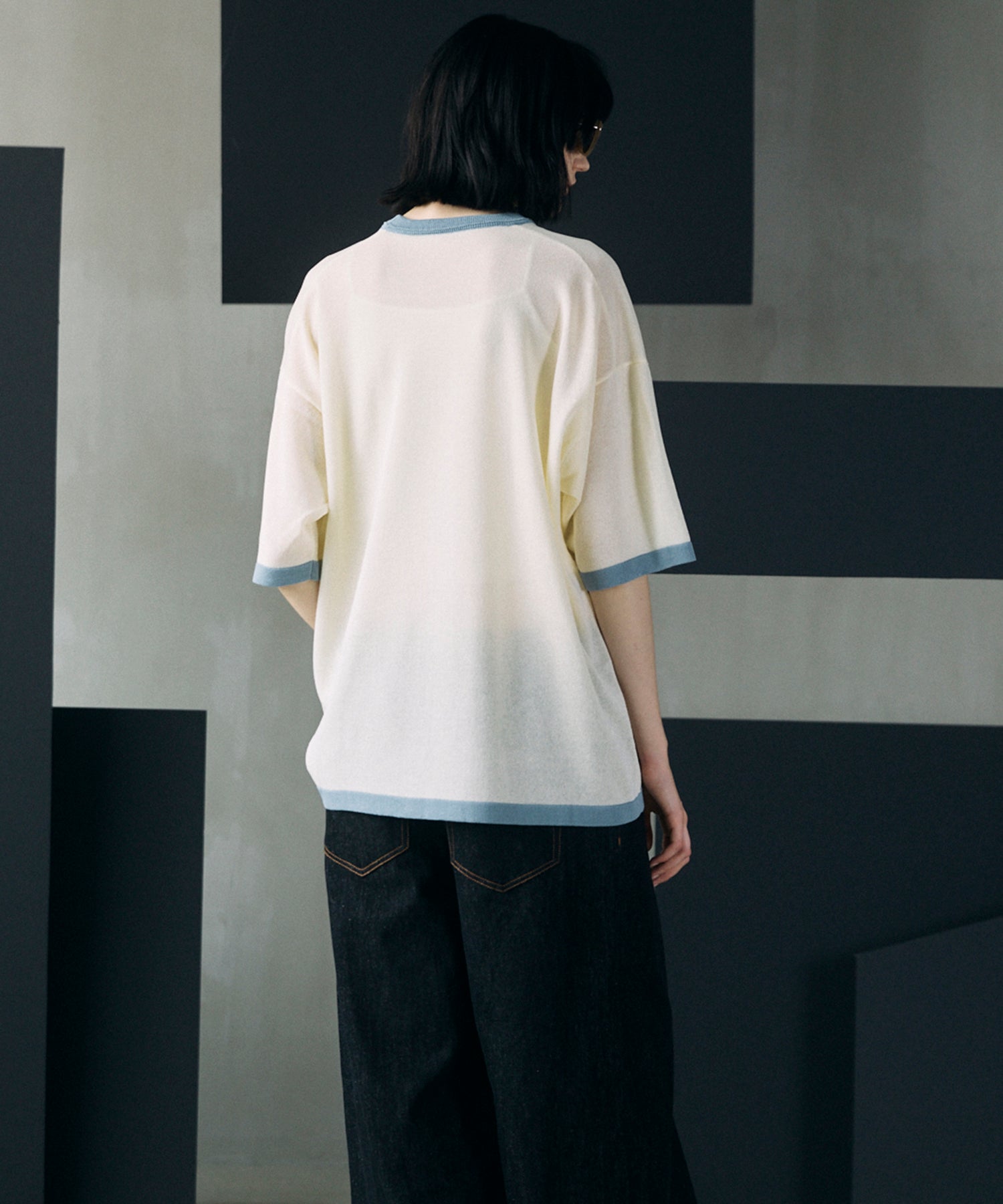 Linen-touch Nostalgia Prime-Over Ringer Pattern Knit T-shirt